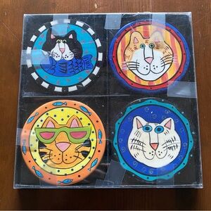 Candace Reiter Catzilla Set: 4 Colorful Vintage Ceramic 4” Coasters Big On Cats